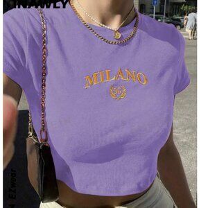 Vintage Women's Letter Embroidery Crew Neck Short Sleeve Crop Top T-Shirt